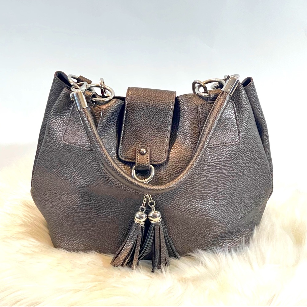 Brown Bronze Pebbled Faux Leather Purse with Silver Metal Embellishments
